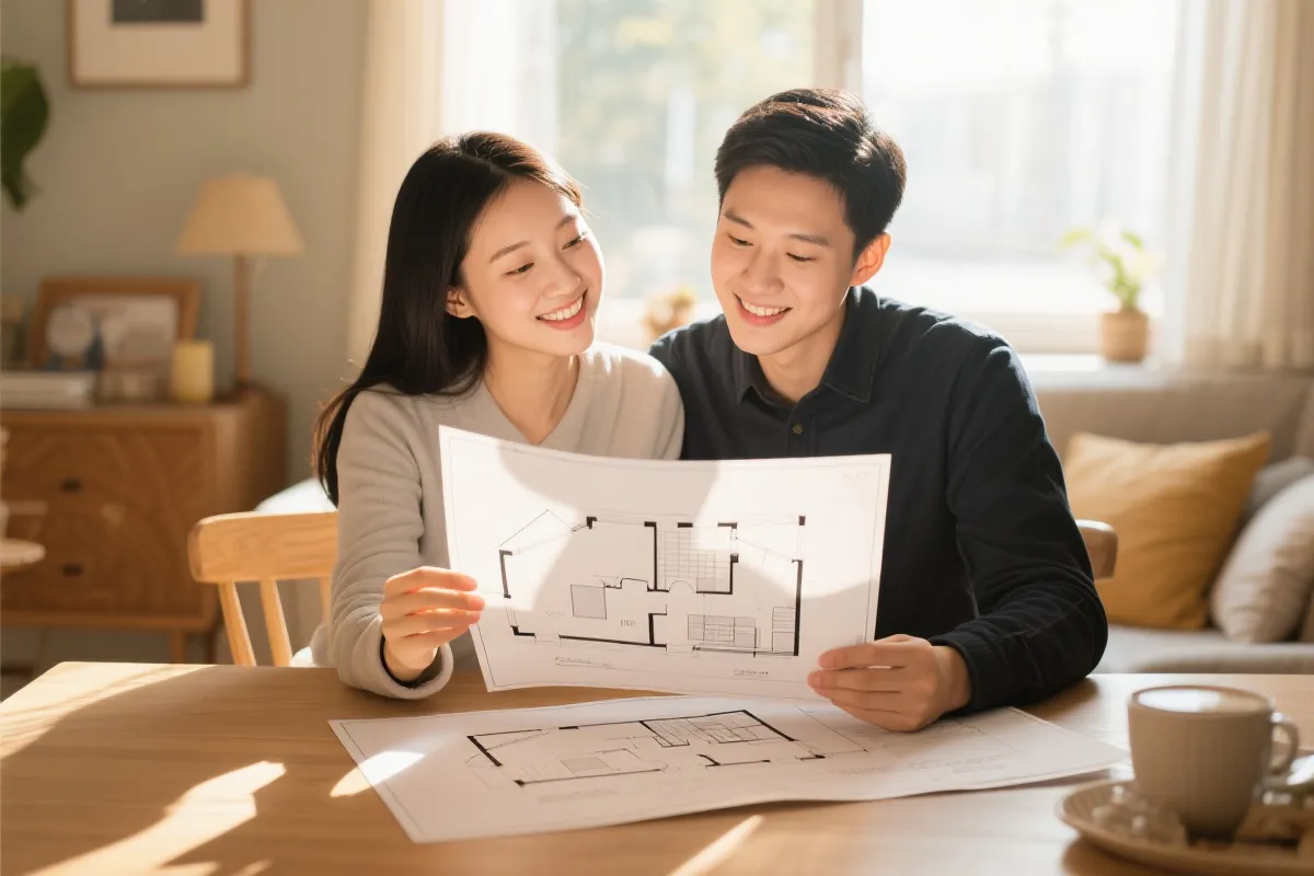 一对新人在桌前查看户型与预算清单，阳光洒入，充满希望的氛围