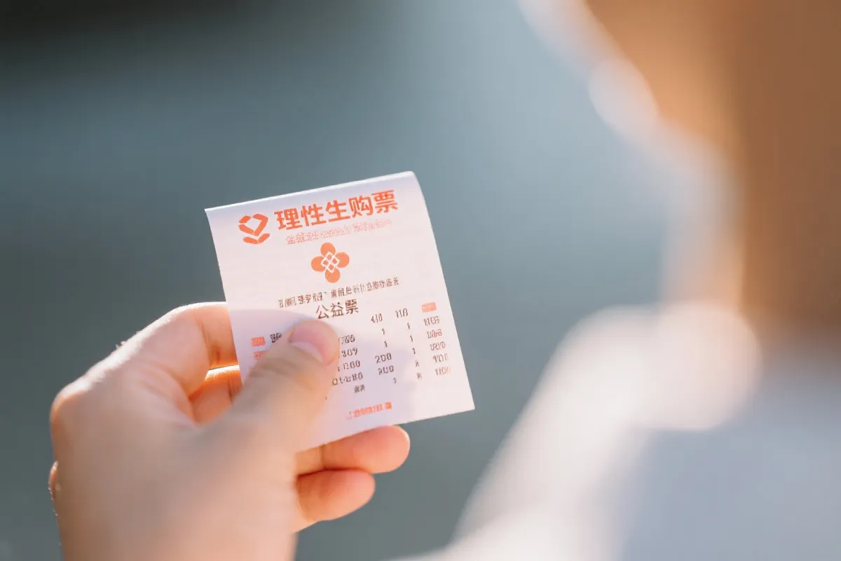 手持彩票票据的特写，理性购彩与公益提示语在柔和光影中呈现